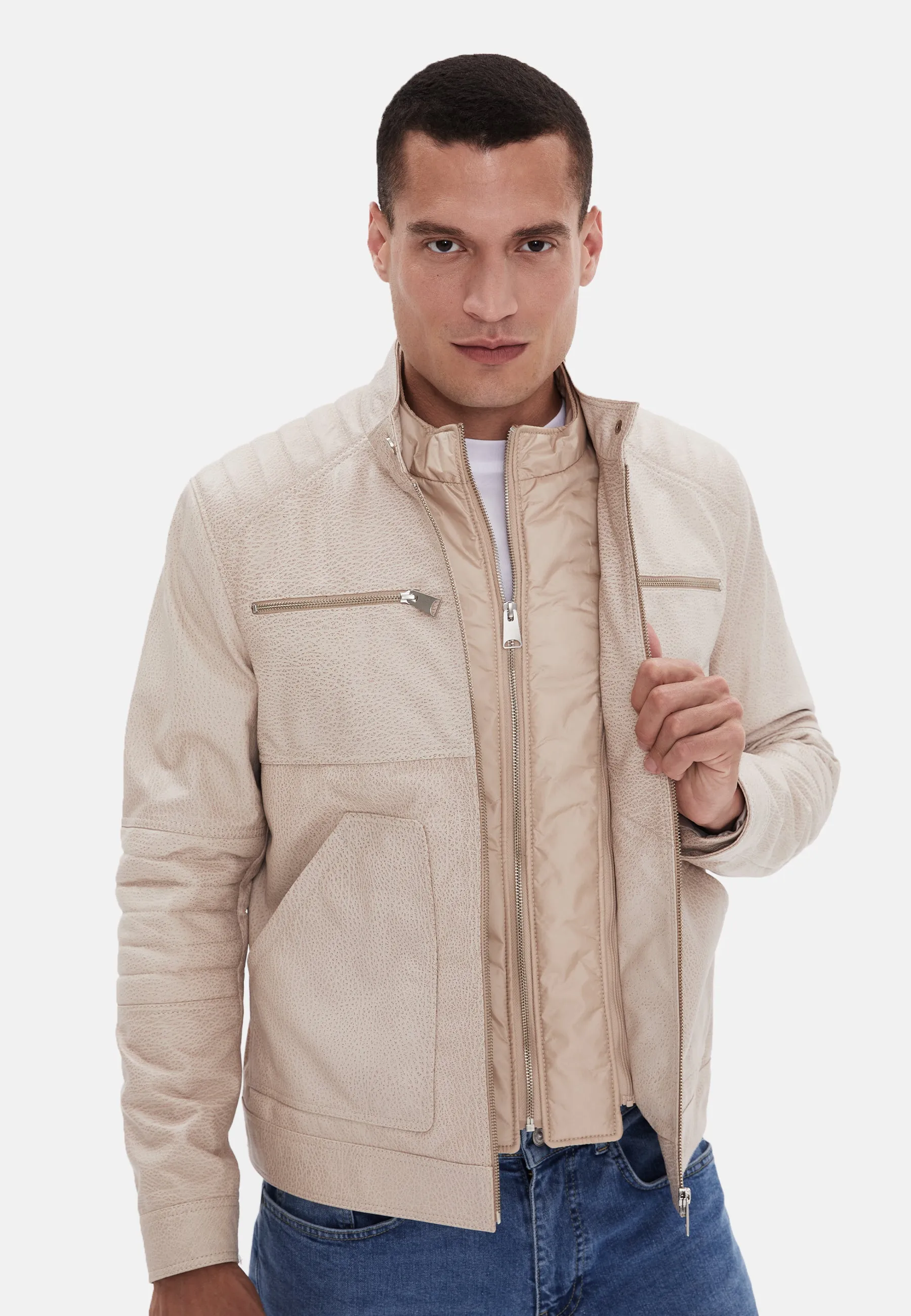 Men's Fashion Leather Jacket, Beige