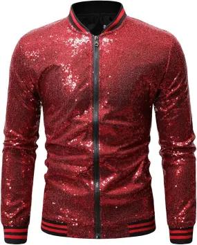 Men's Glitter Sequin Zip Up Red Bomber Jacket