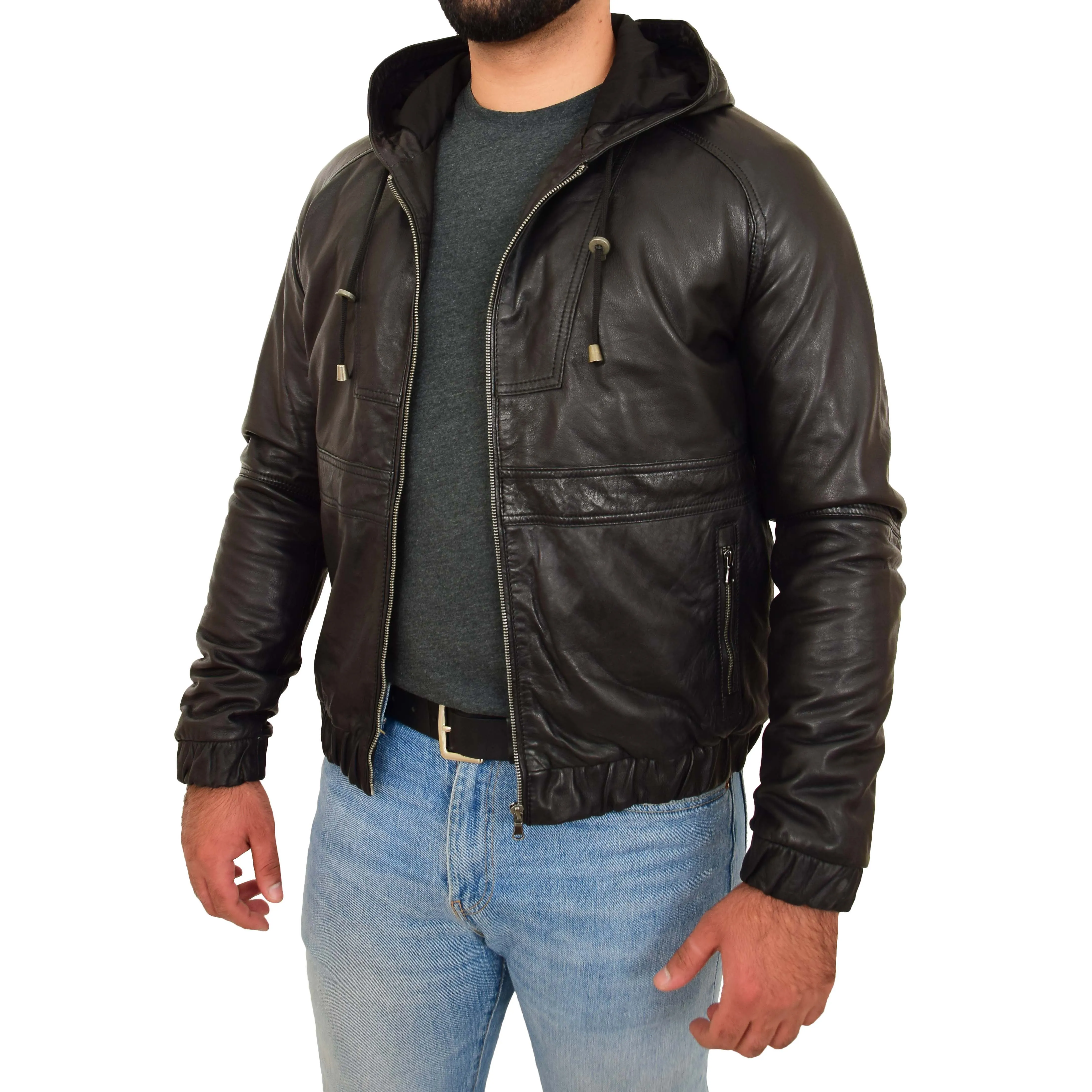 Mens Real Black Leather Bomber Hooded Jacket Coat Kent