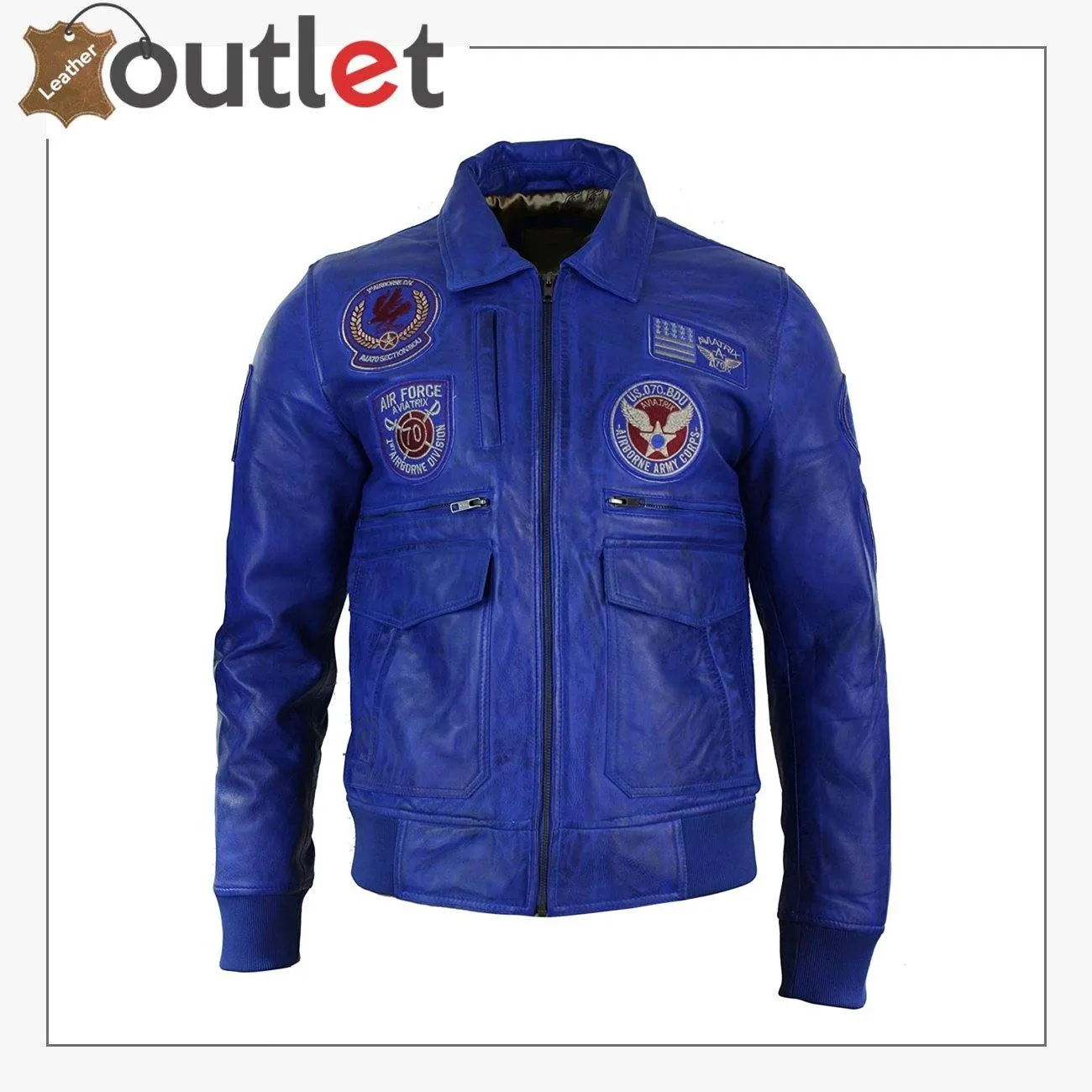 Mens Real Leather Blue Bomber Badge Air Force Pilot Flying Jacket