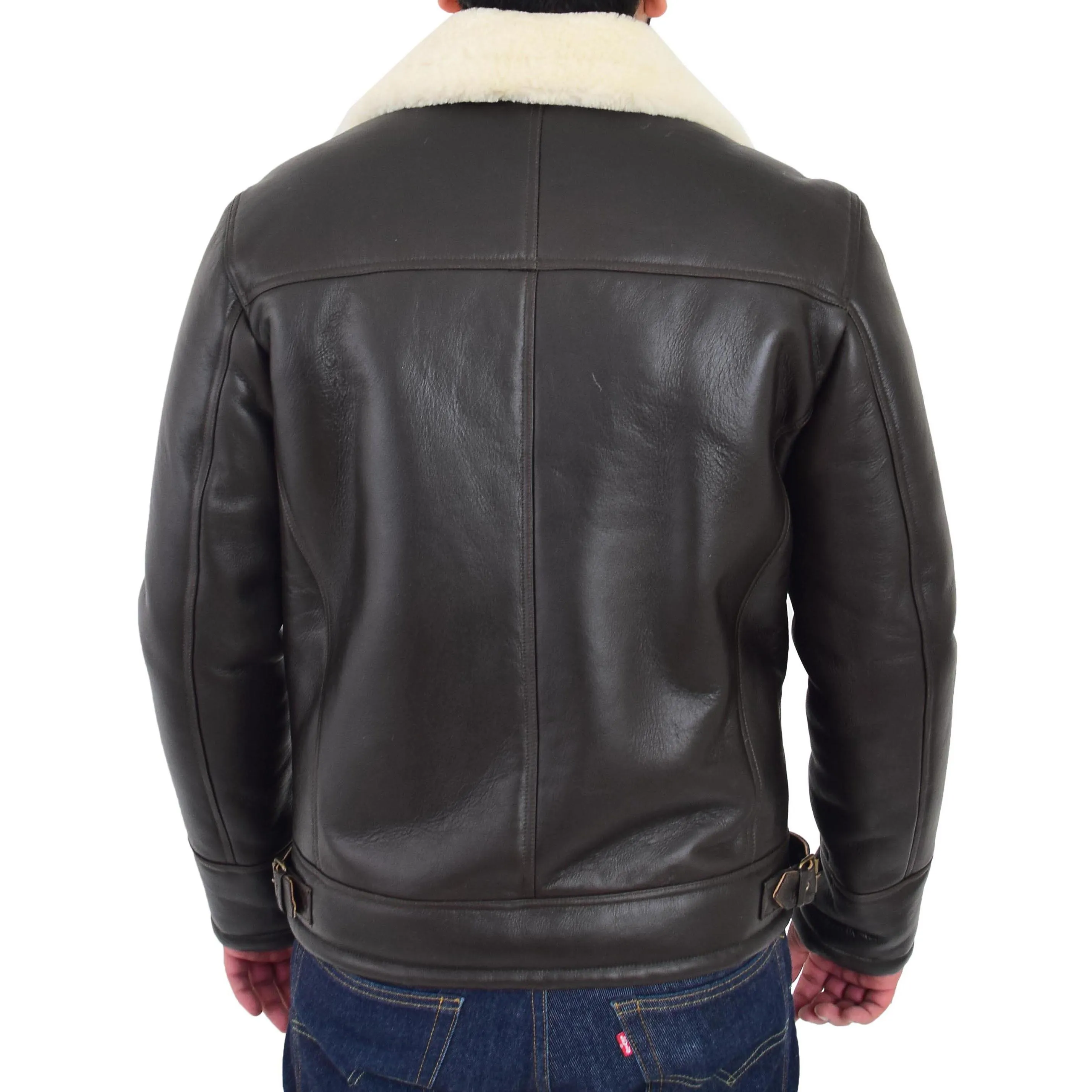 Mens Real Sheepskin Flying Jacket X-Zip Shearling Aviator Bomber Stealth Brown White