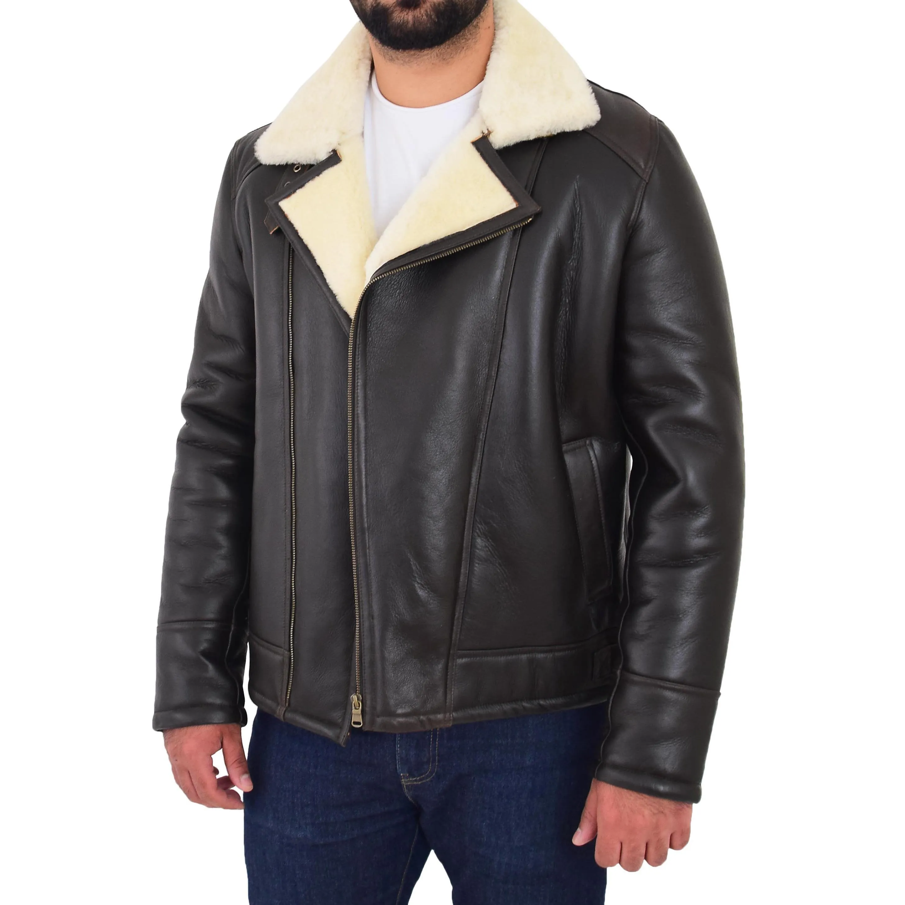 Mens Real Sheepskin Flying Jacket X-Zip Shearling Aviator Bomber Stealth Brown White