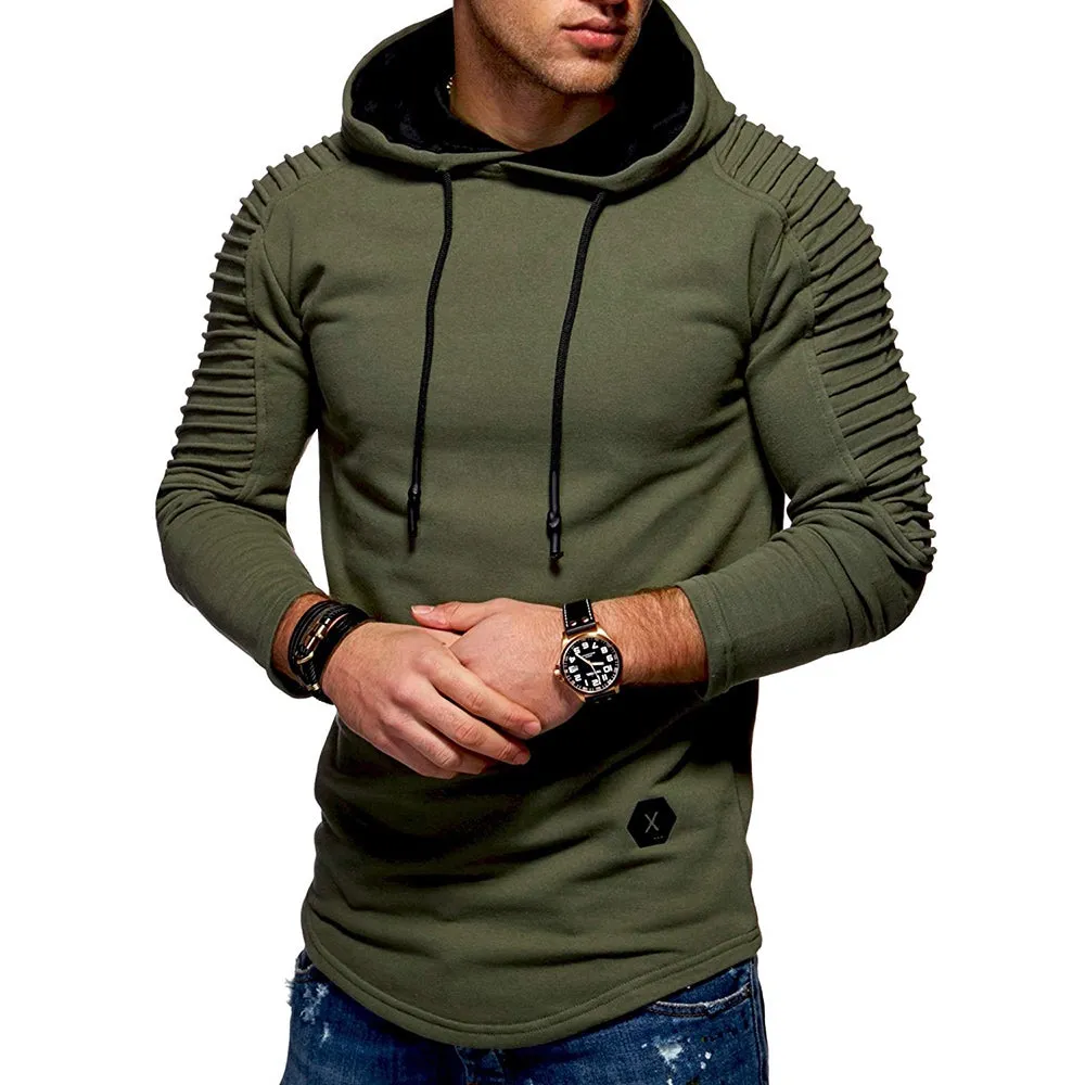 Men's Solid Color Pleated Long Sleeve s Fleece Hoodie