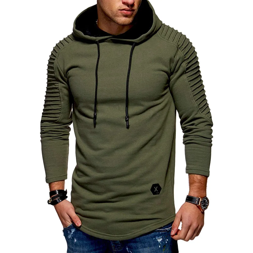 Men's Solid Color Pleated Long Sleeve s Fleece Hoodie