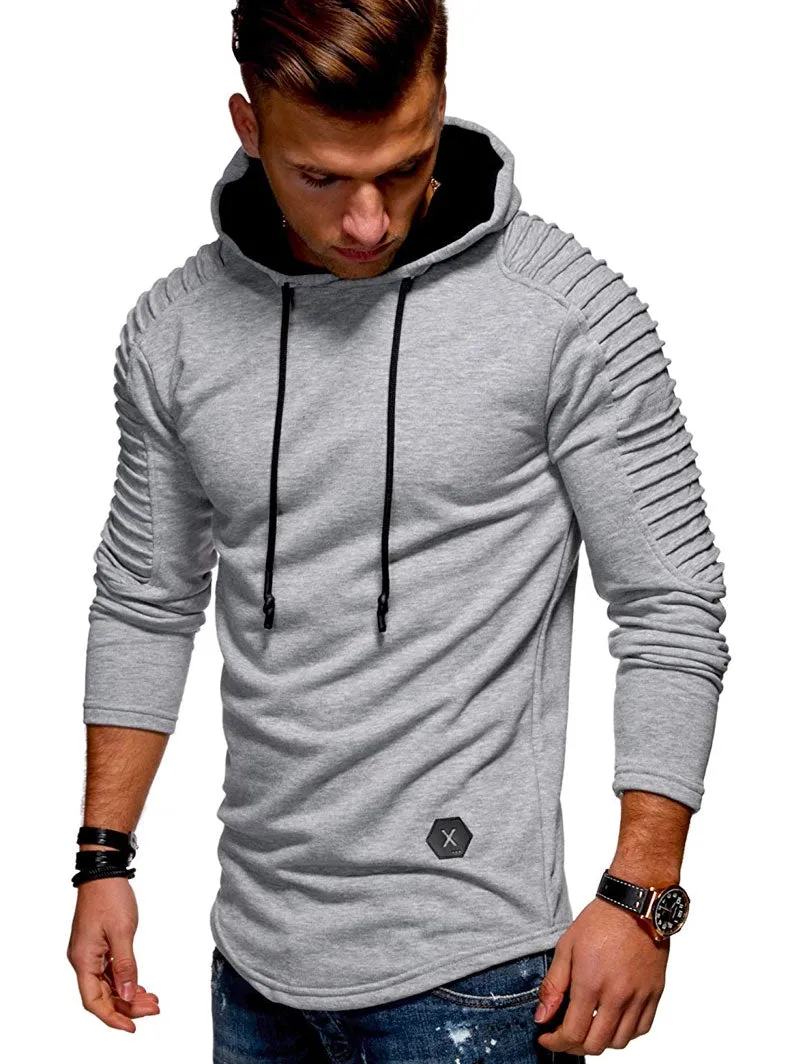 Men's Solid Color Pleated Long Sleeve s Fleece Hoodie