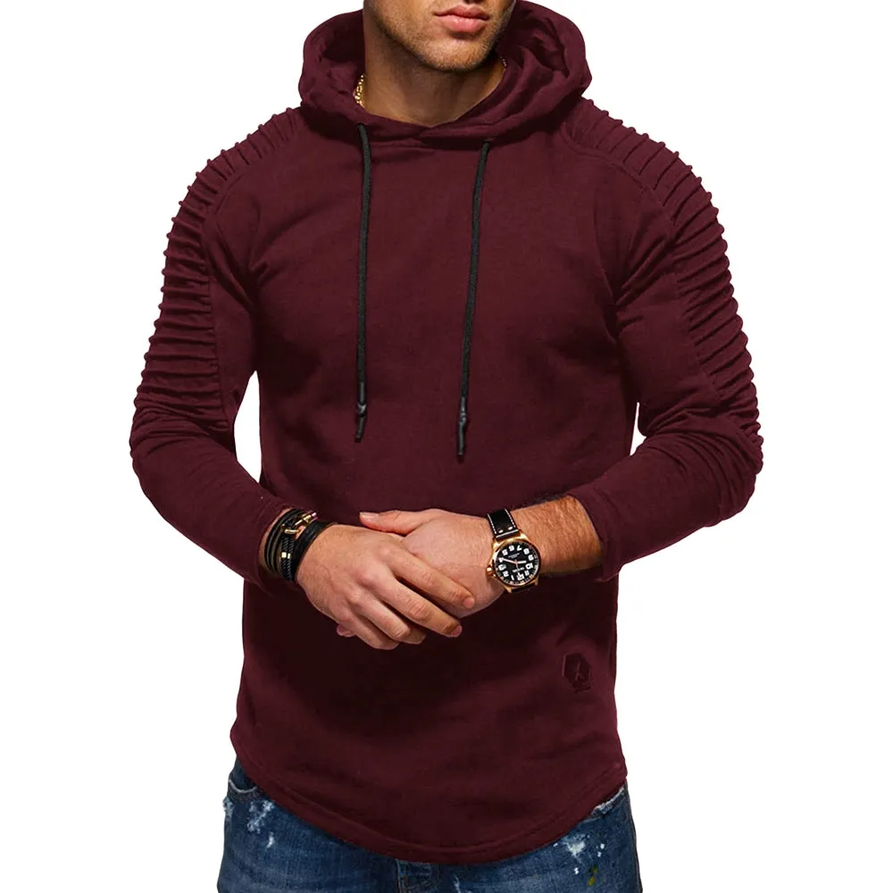 Men's Solid Color Pleated Long Sleeve s Fleece Hoodie