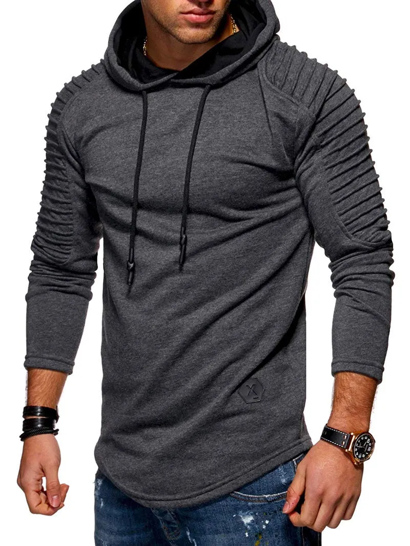 Men's Solid Color Pleated Long Sleeve s Fleece Hoodie