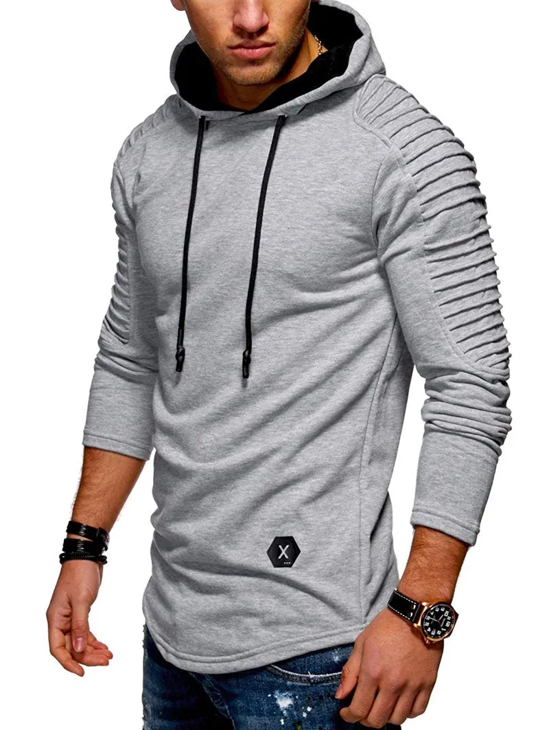 Men's Solid Color Pleated Long Sleeve s Fleece Hoodie