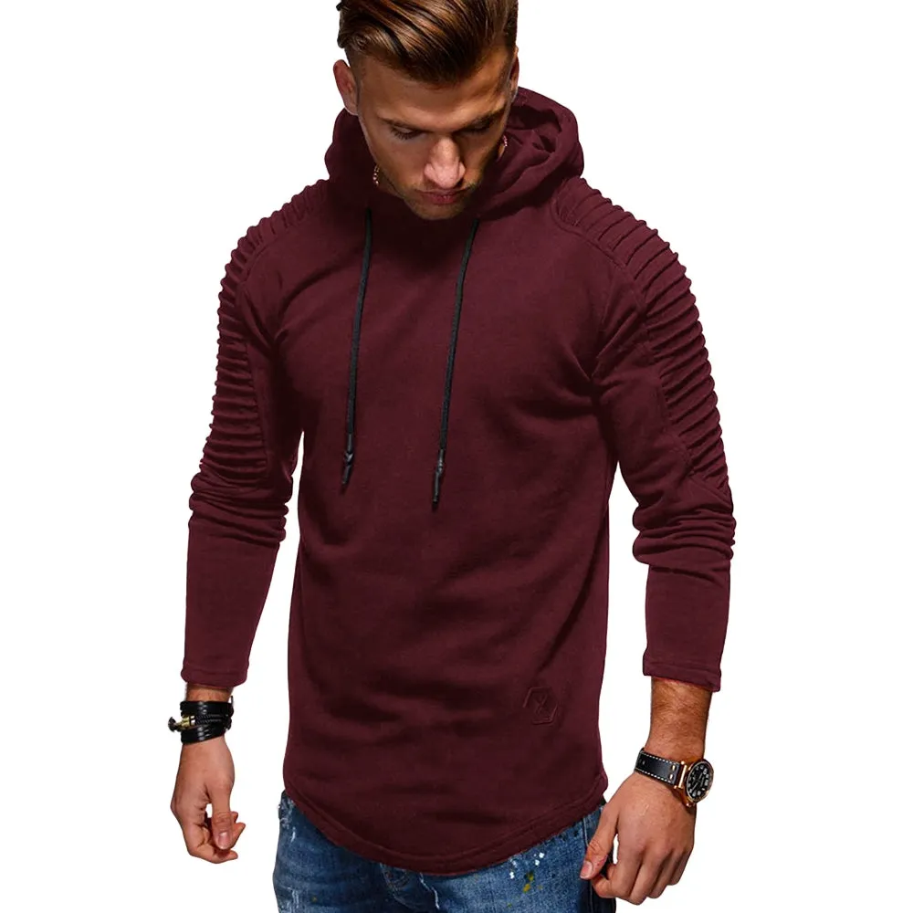 Men's Solid Color Pleated Long Sleeve s Fleece Hoodie