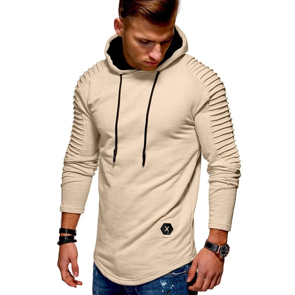 Men's Solid Color Pleated Long Sleeve s Fleece Hoodie