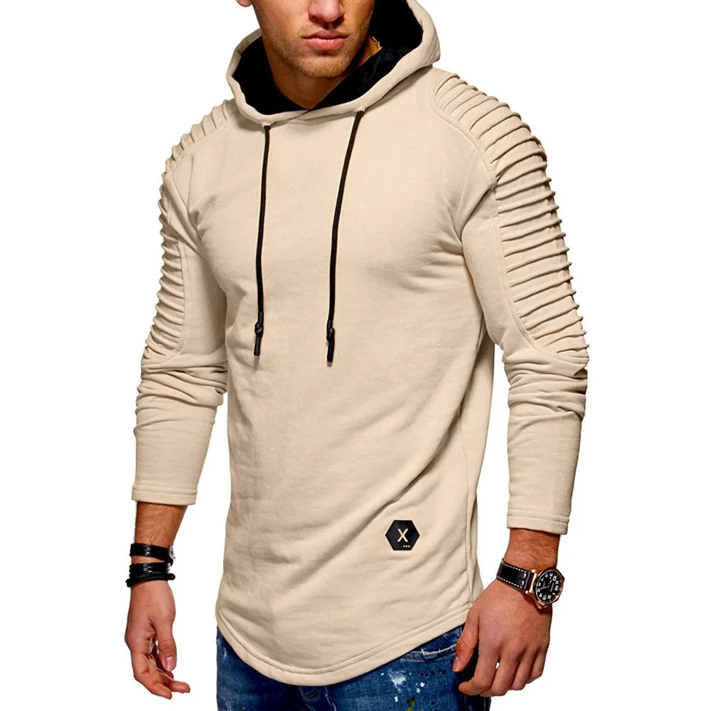 Men's Solid Color Pleated Long Sleeve s Fleece Hoodie