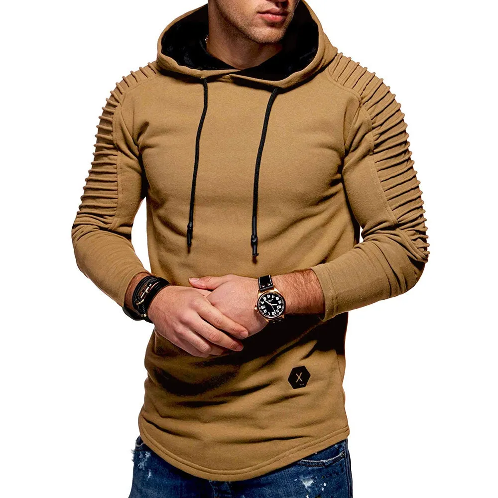 Men's Solid Color Pleated Long Sleeve s Fleece Hoodie