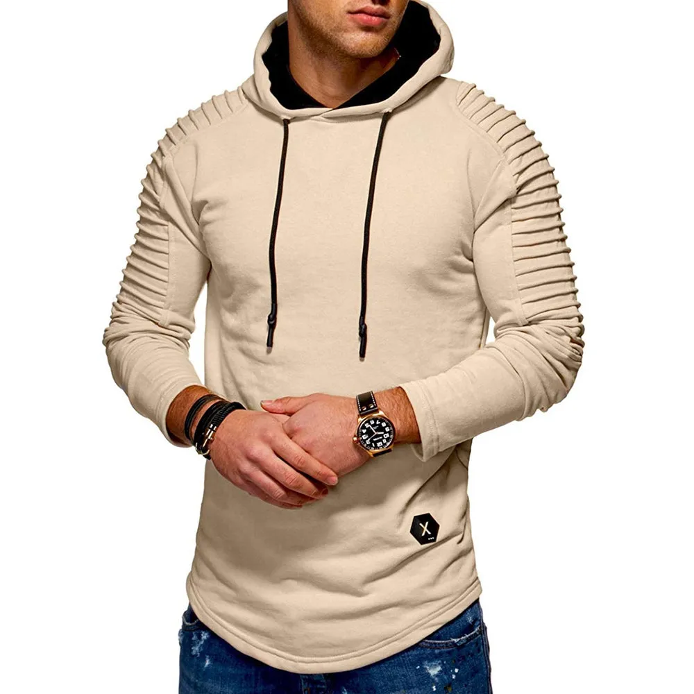 Men's Solid Color Pleated Long Sleeve s Fleece Hoodie