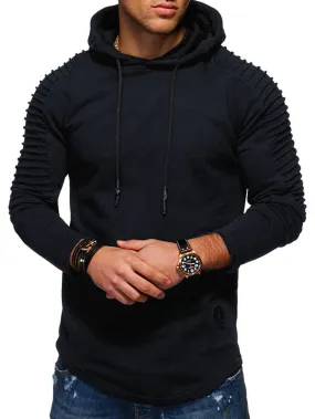 Men's Solid Color Pleated Long Sleeve s Fleece Hoodie