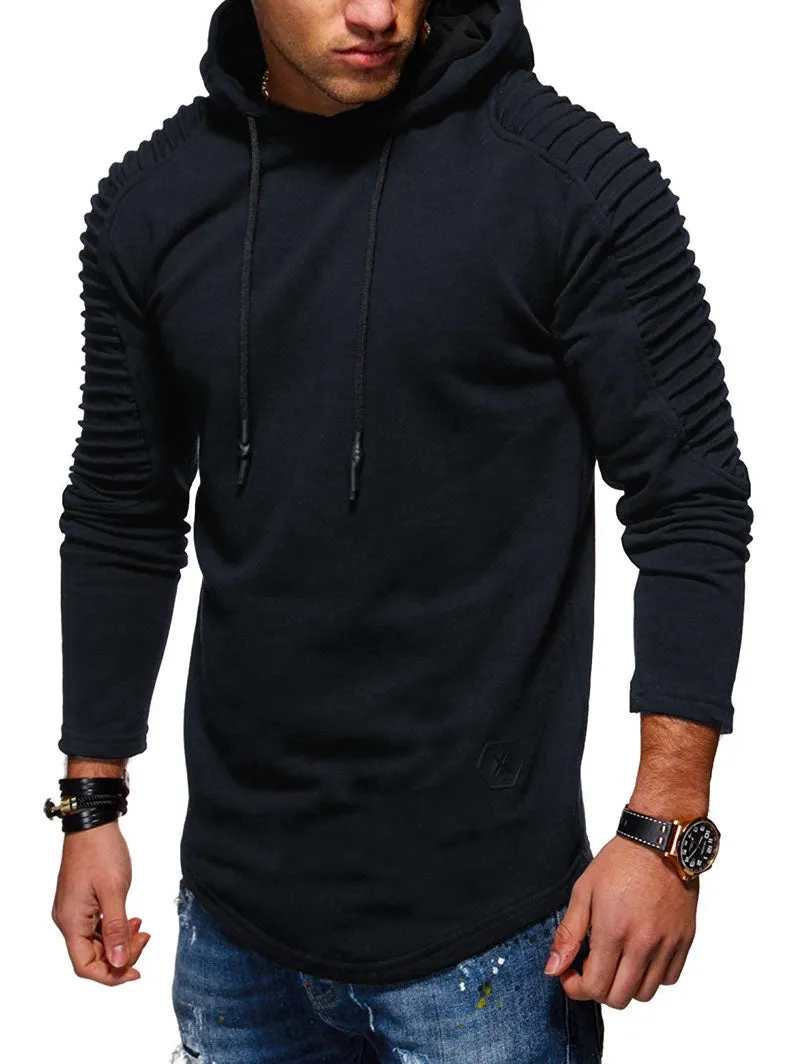 Men's Solid Color Pleated Long Sleeve s Fleece Hoodie