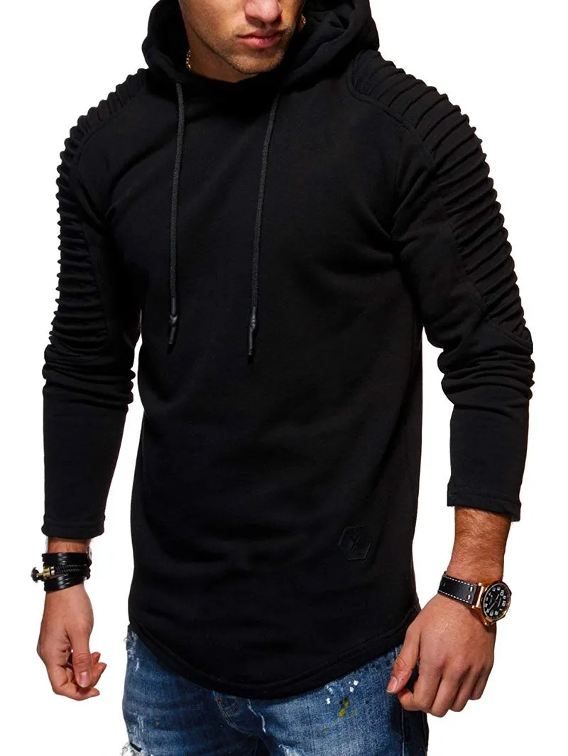 Men's Solid Color Pleated Long Sleeve s Fleece Hoodie