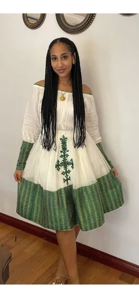 Mesmerizing Green Short Habesha Dress: Modern Mini Traditional Ethiopian Dress Simple Eritrean Clothing