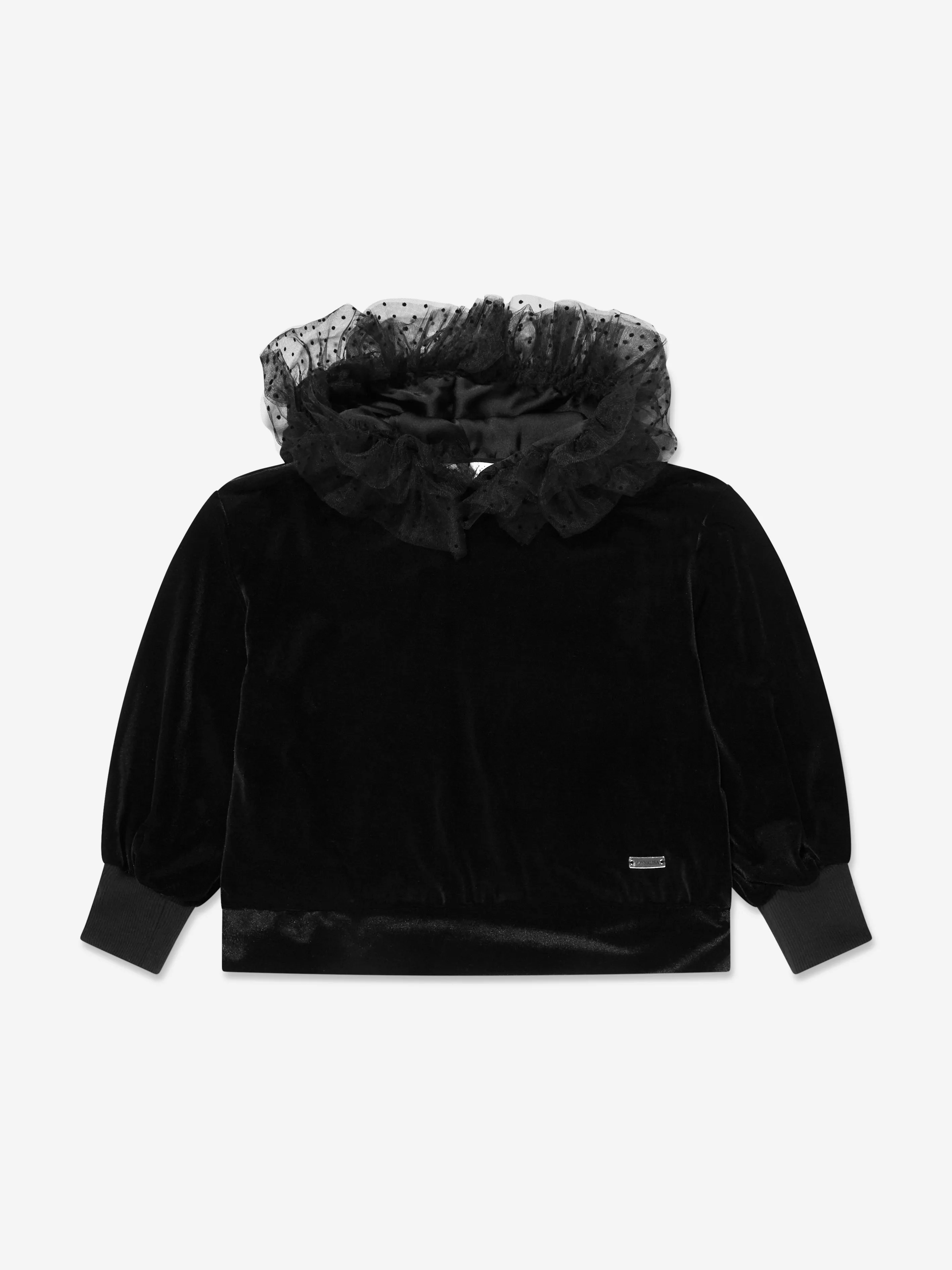 Monnalisa Girls Velvet Tulle Hoodie in Black