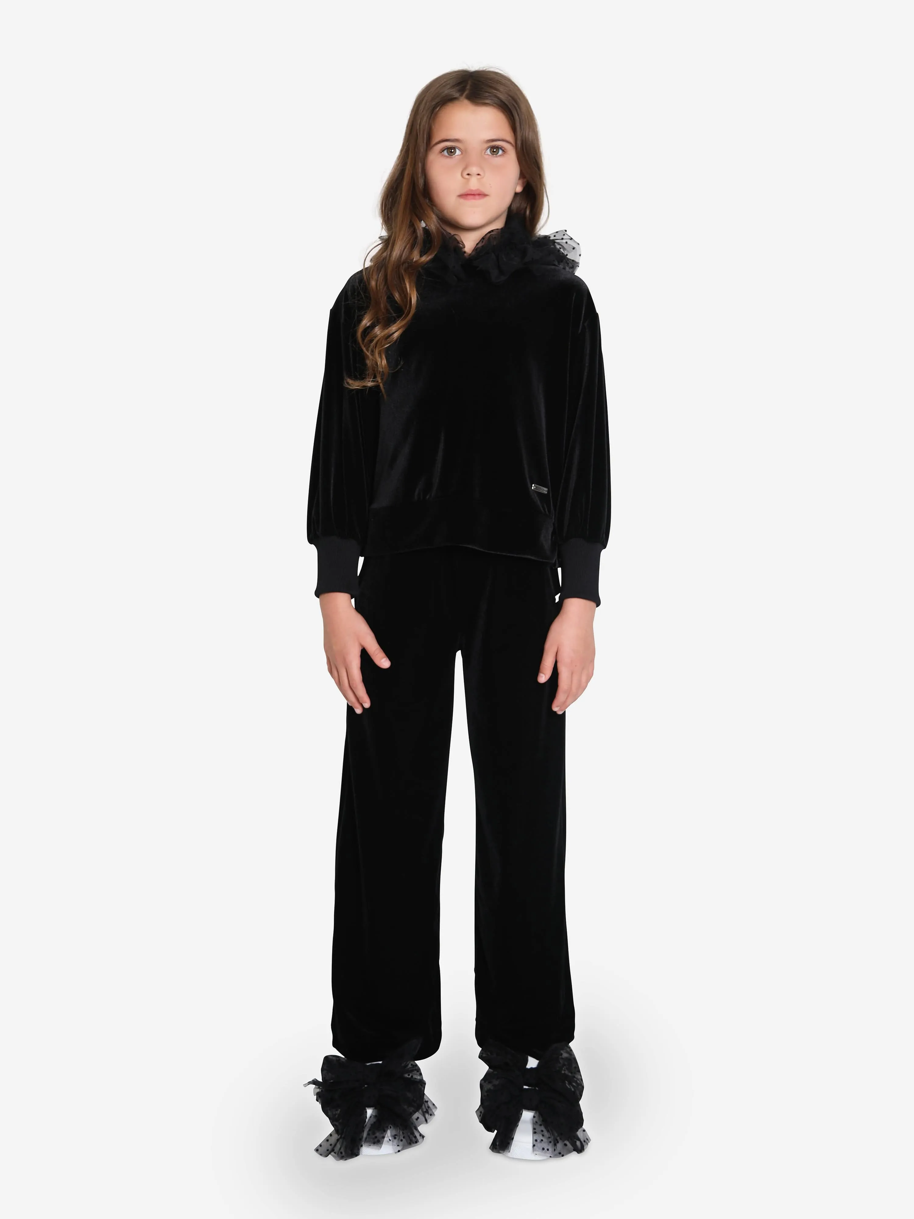 Monnalisa Girls Velvet Tulle Hoodie in Black