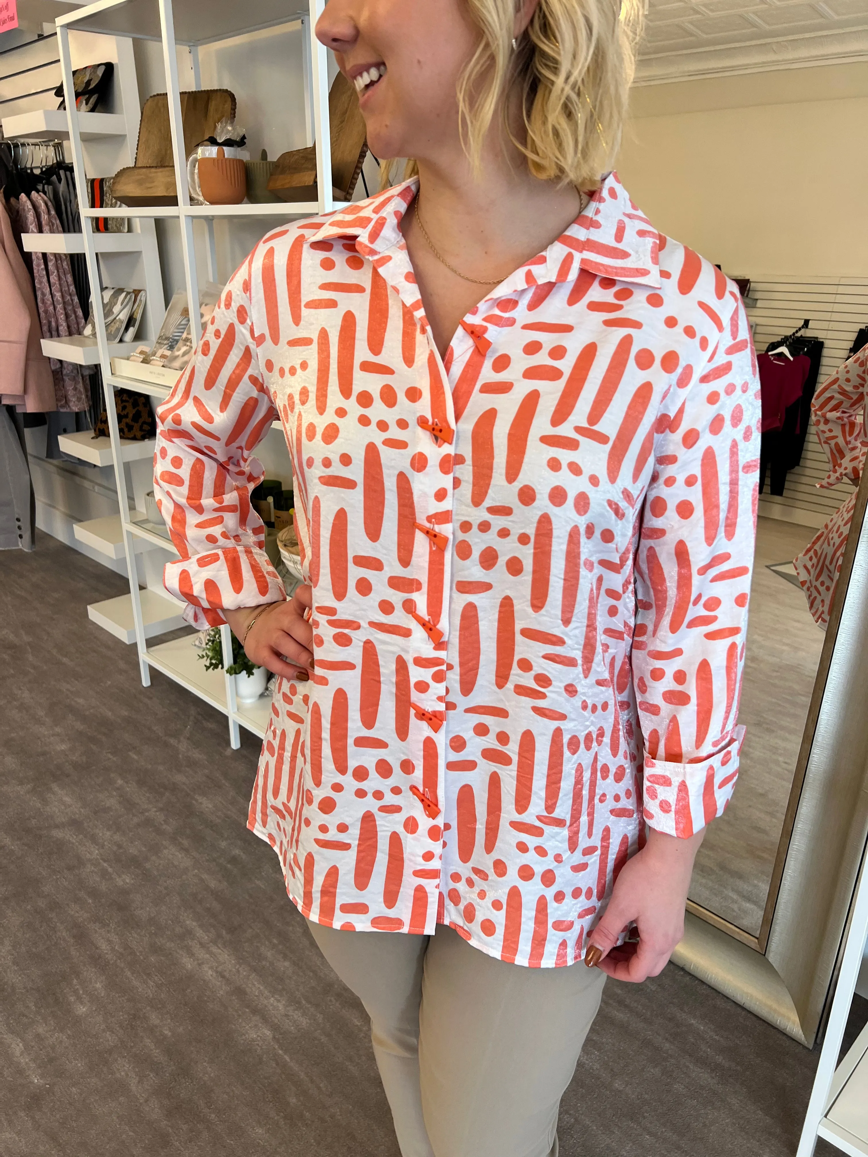 Multiples Turn-Up Cuff Button Front Hi-Lo Shirt - Coral