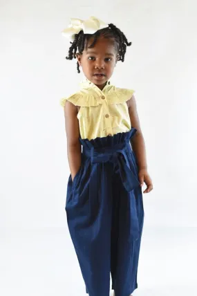 Navy Paper-Bag Pants and Yellow Ruffles Top