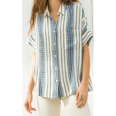 Navy Stripe Short Sleeve Button Down Top