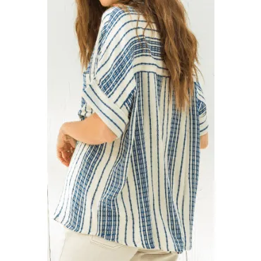 Navy Stripe Short Sleeve Button Down Top