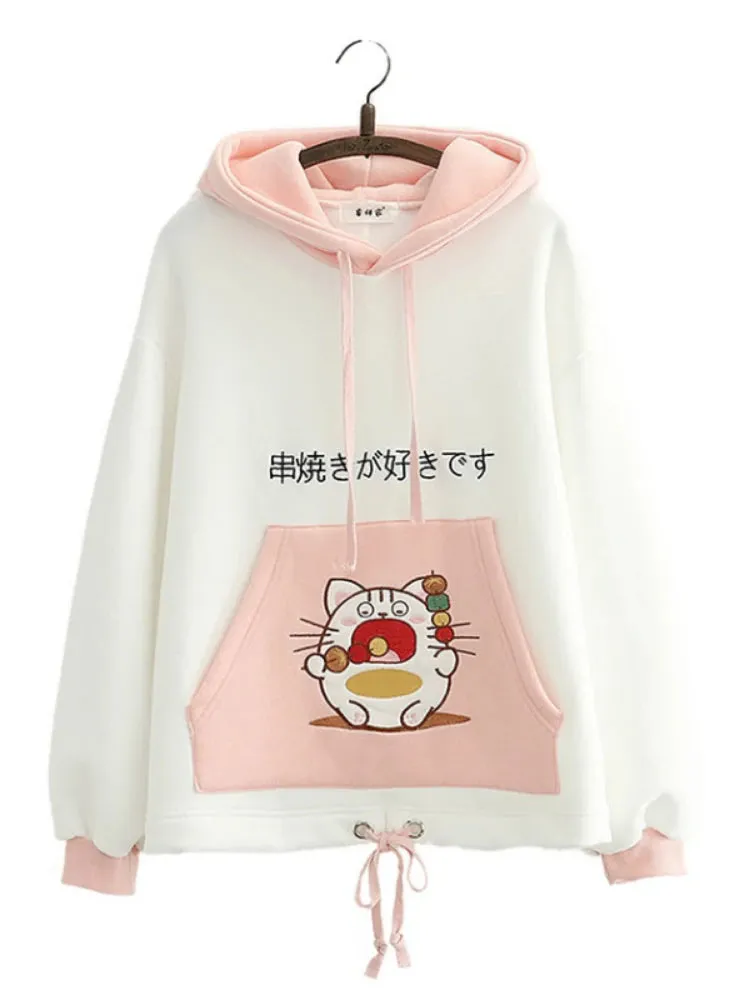 Pink Cartoon Cat Embroidery Cute Women Hoodies Winter Drawstring Long Sleeve Hoded Sweatshirts Sweet Style Ladies Tops