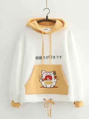 Pink Cartoon Cat Embroidery Cute Women Hoodies Winter Drawstring Long Sleeve Hoded Sweatshirts Sweet Style Ladies Tops