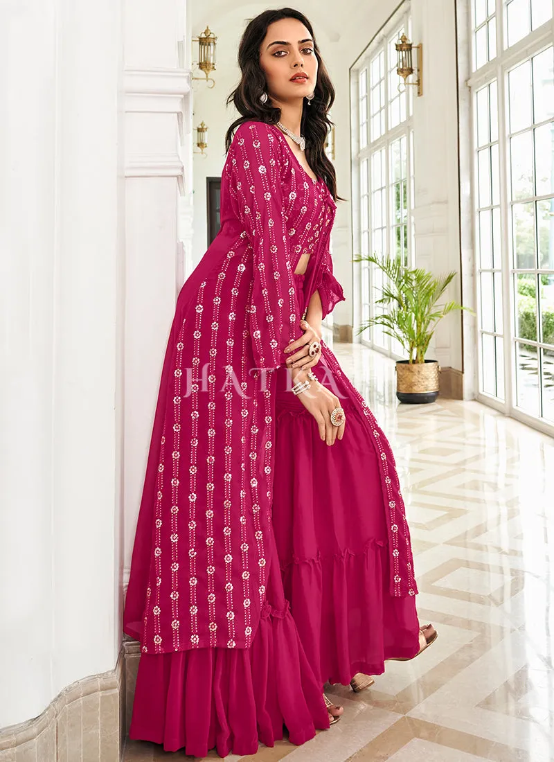 Pink Sequence Embroidered Jacket Style Sharara Suit