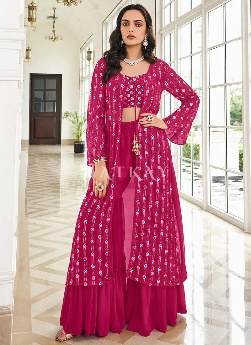 Pink Sequence Embroidered Jacket Style Sharara Suit