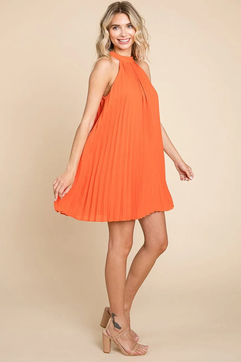 Pleated Halter Neck Mini Swing Dress