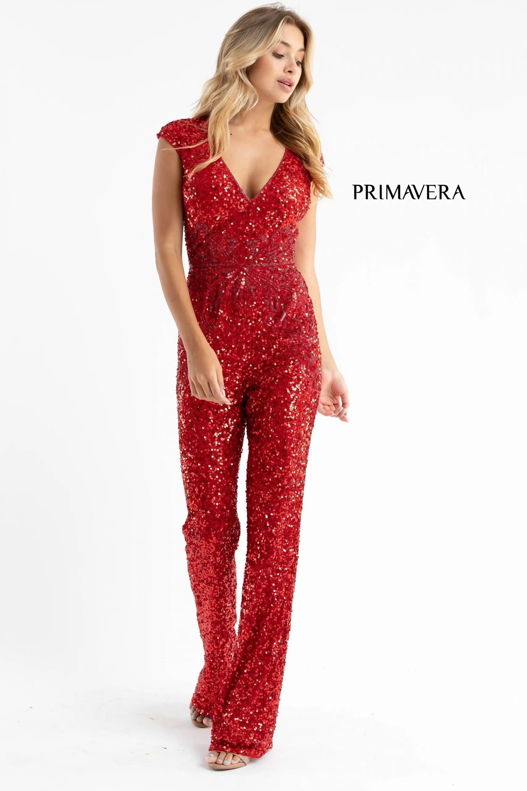 Primavera Couture 3775 Size 00 Royal Blue Sequined Jumpsuit Beaded Waist and Hips Cap Sleeves