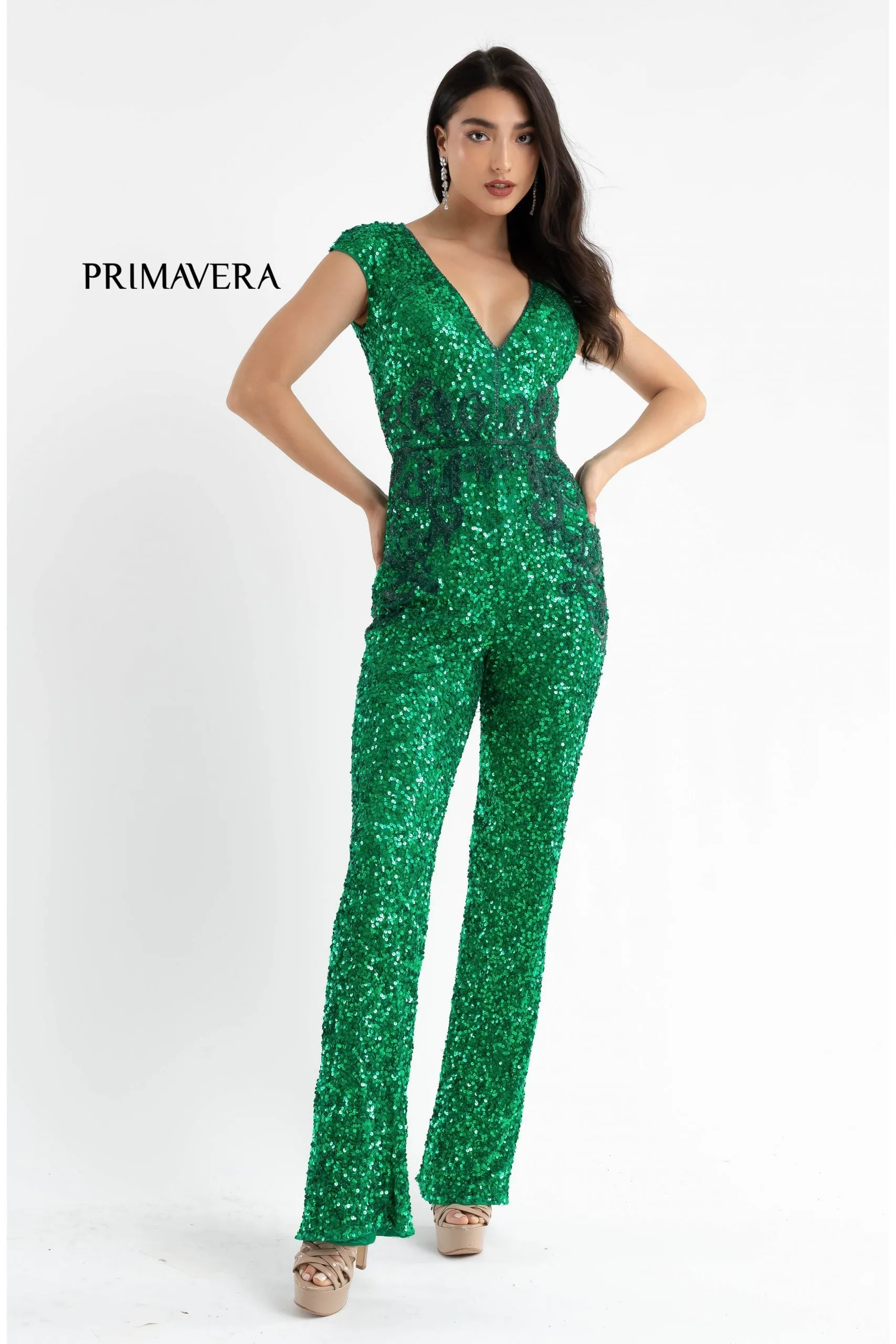 Primavera Couture 3775 Size 00 Royal Blue Sequined Jumpsuit Beaded Waist and Hips Cap Sleeves