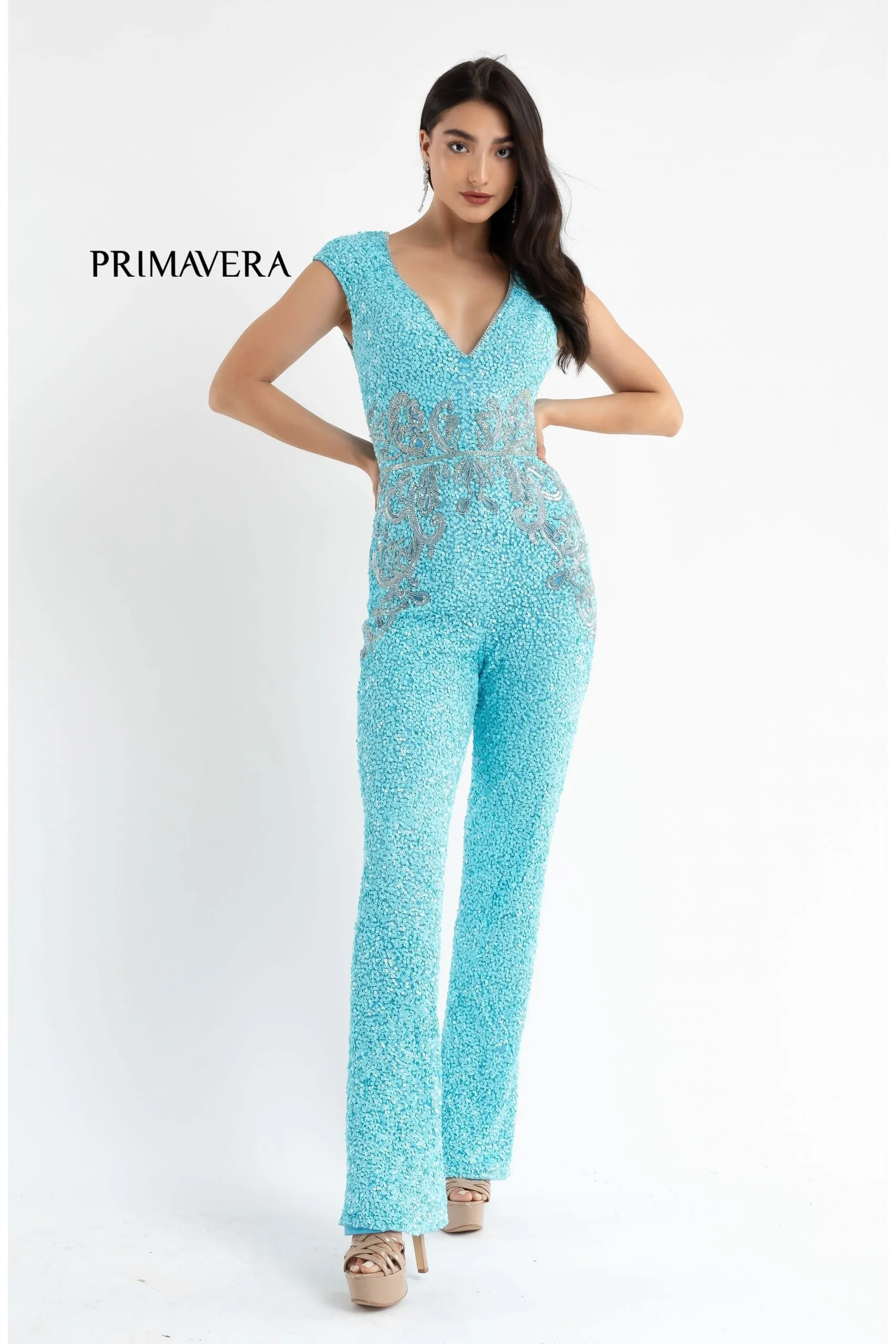 Primavera Couture 3775 Size 00 Royal Blue Sequined Jumpsuit Beaded Waist and Hips Cap Sleeves