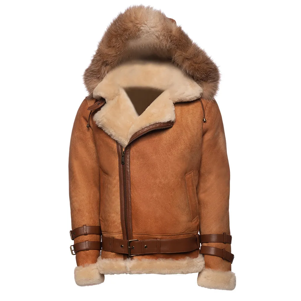 Rocco Vintage Cognac Aviator bomber shearling jacket with Fox trim hoodie