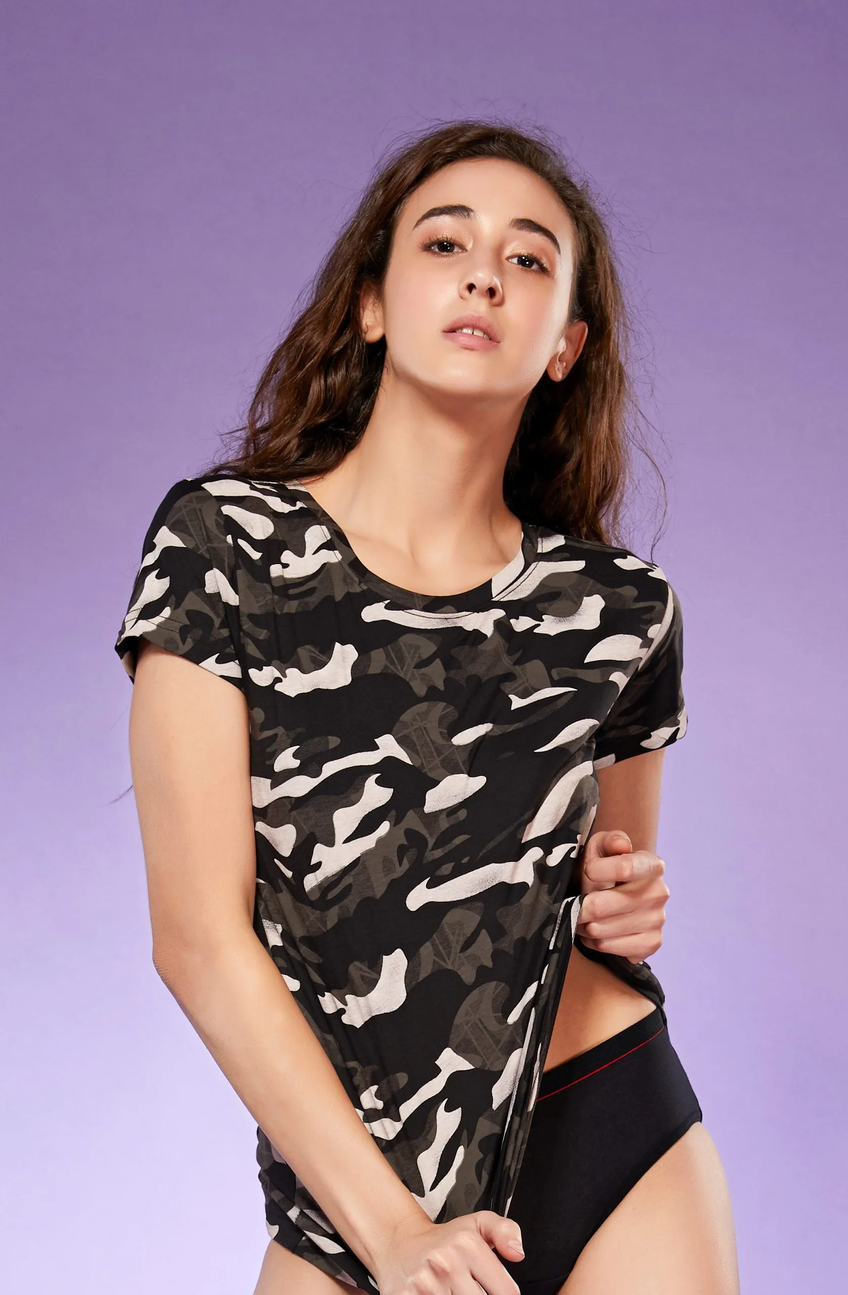 Round Neck T-Shirt Organic Cotton All Over Print - Military Black