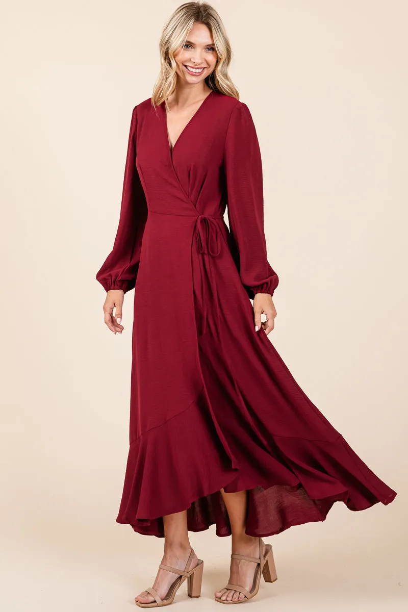 Ruffle Hem High Low Long Sleeve Wrap Maxi Dress