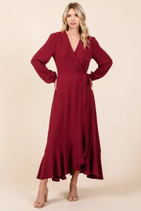 Ruffle Hem High Low Long Sleeve Wrap Maxi Dress