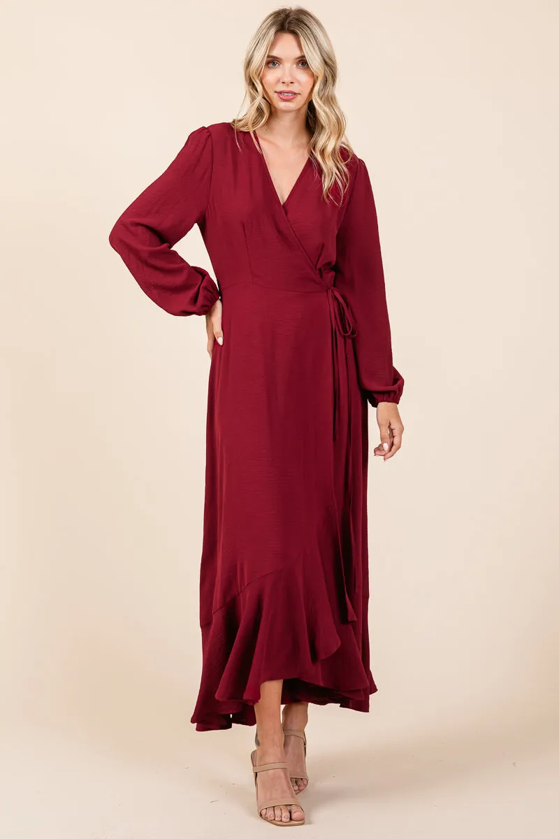 Ruffle Hem High Low Long Sleeve Wrap Maxi Dress