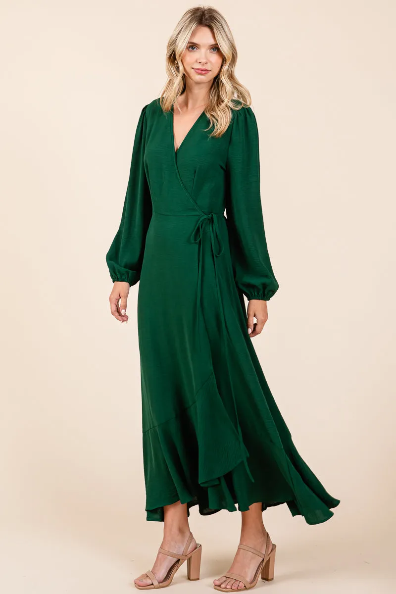 Ruffle Hem High Low Long Sleeve Wrap Maxi Dress