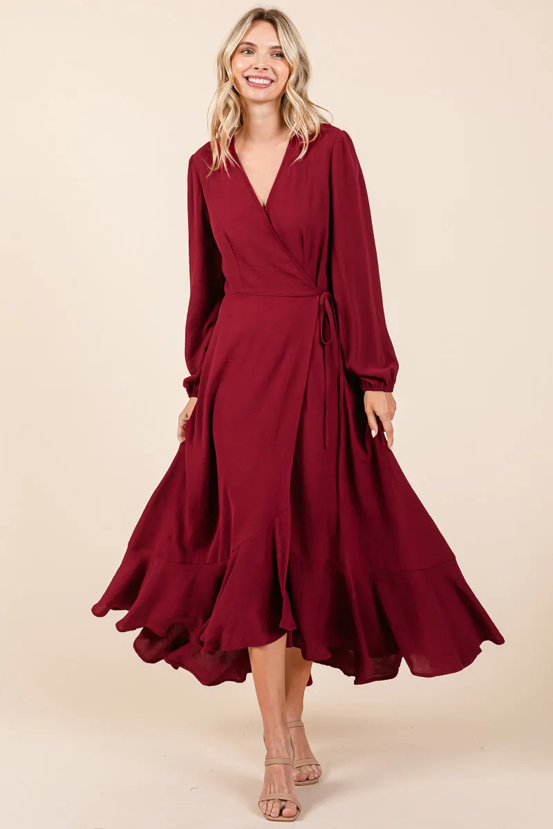 Ruffle Hem High Low Long Sleeve Wrap Maxi Dress