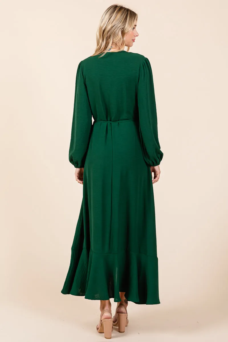 Ruffle Hem High Low Long Sleeve Wrap Maxi Dress