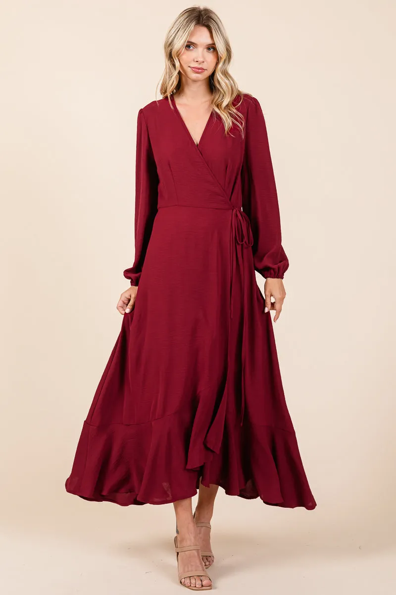 Ruffle Hem High Low Long Sleeve Wrap Maxi Dress