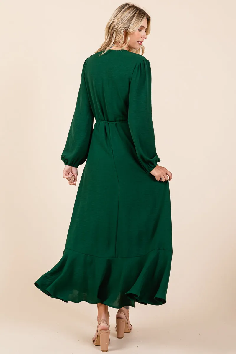 Ruffle Hem High Low Long Sleeve Wrap Maxi Dress