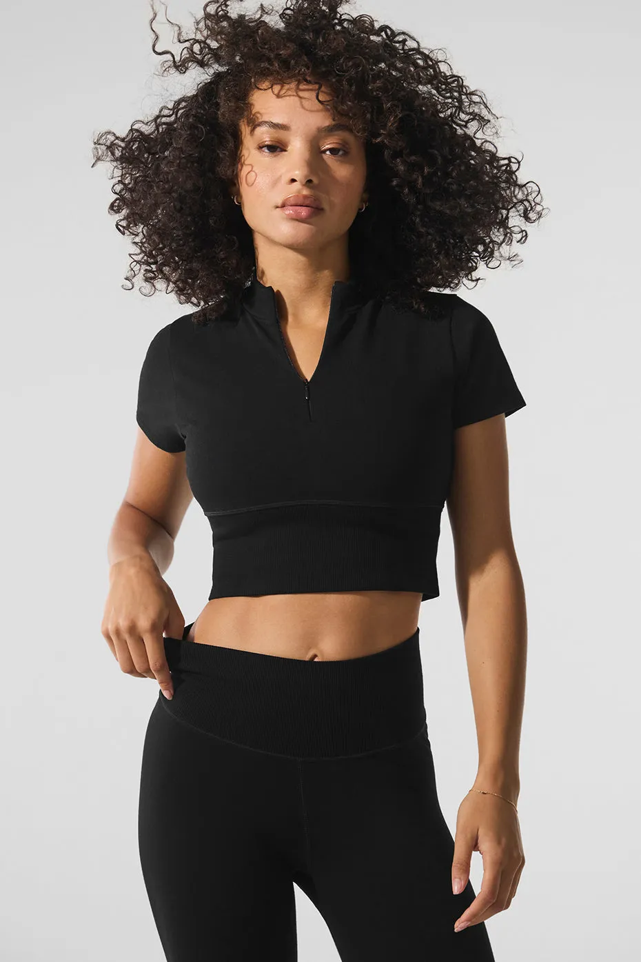 Seamless Winter Warm Plush Cropped Short Sleeve - Black