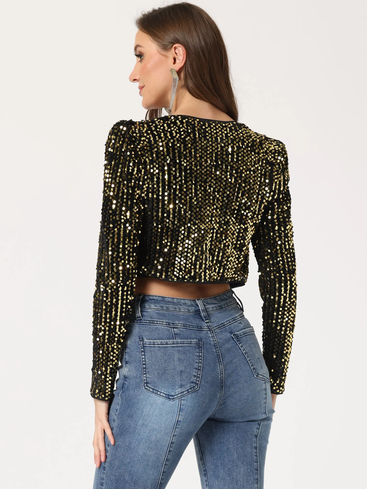 Sequin Shrug Open Front Collarless Sparkly Crop Blazer Jacket