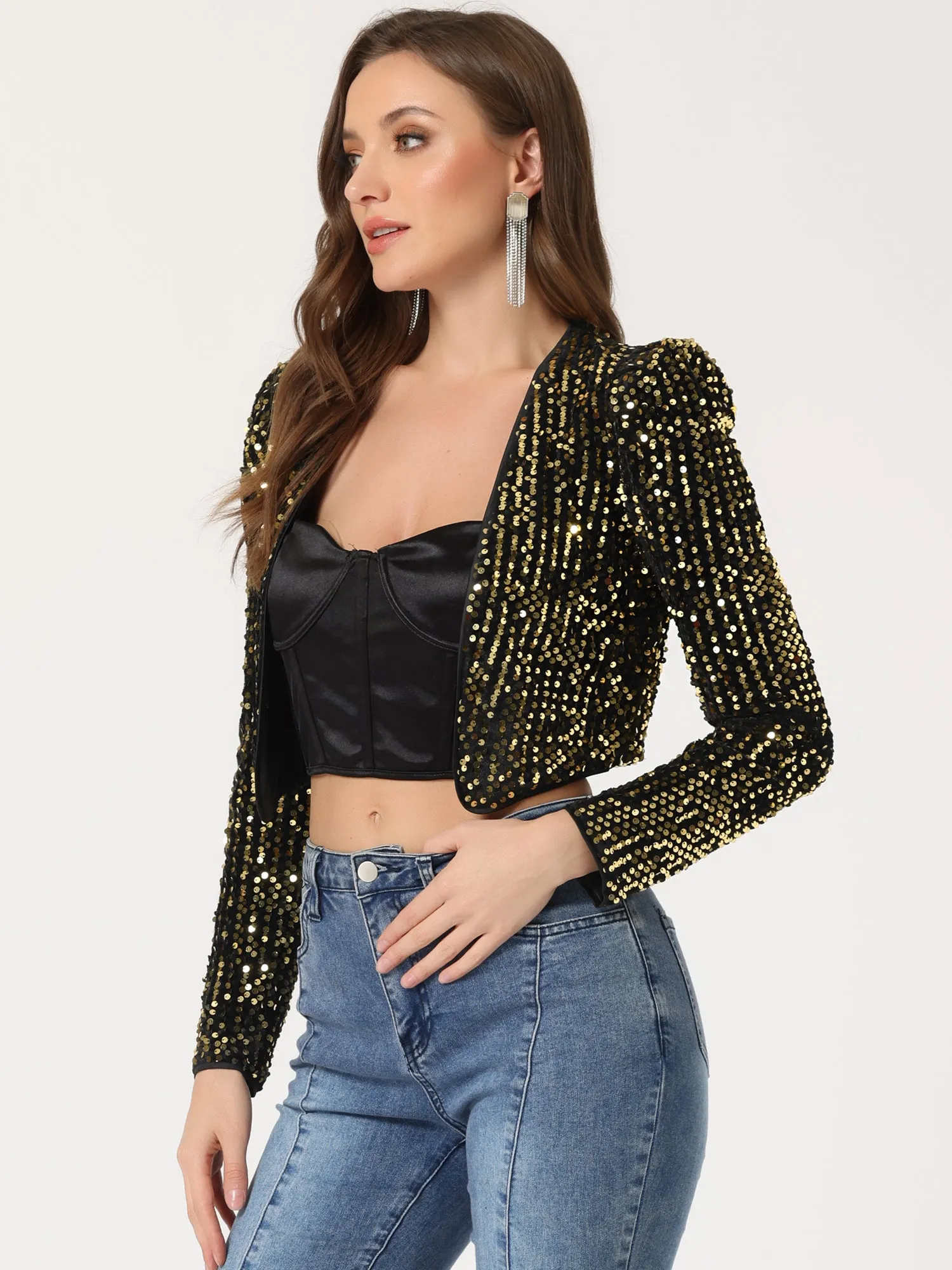 Sequin Shrug Open Front Collarless Sparkly Crop Blazer Jacket