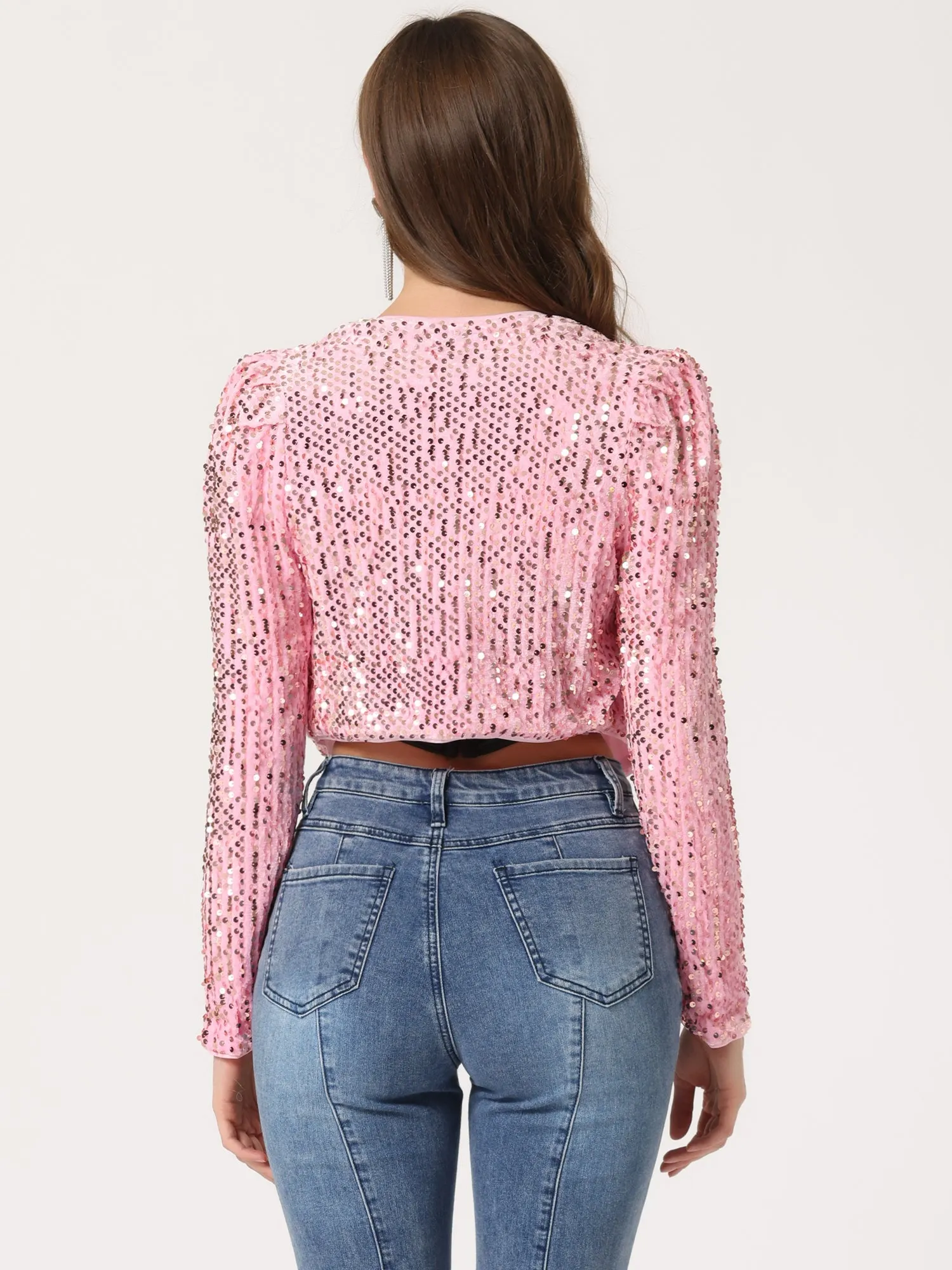 Sequin Shrug Open Front Collarless Sparkly Crop Blazer Jacket