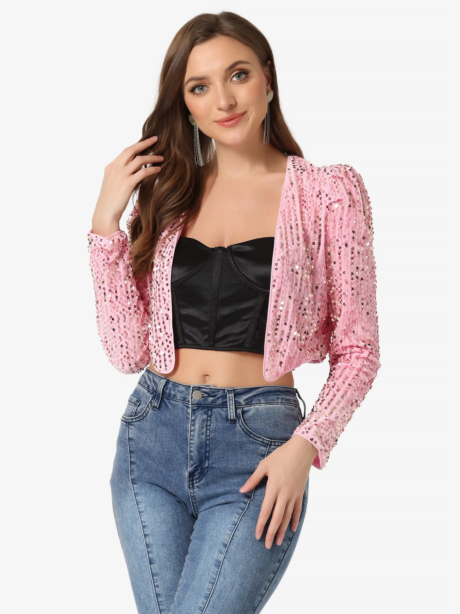 Sequin Shrug Open Front Collarless Sparkly Crop Blazer Jacket